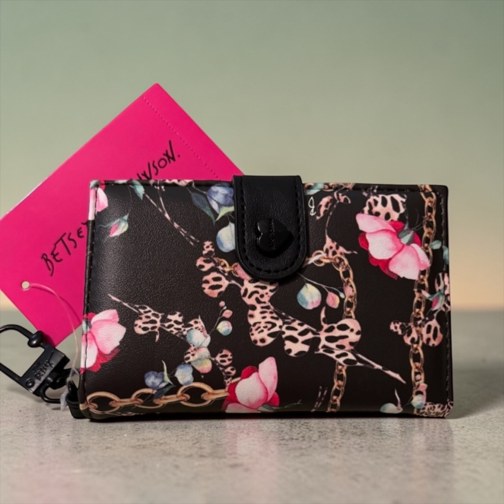 Betsey Johnson Black Floral & Leopard Chain Print Wallet